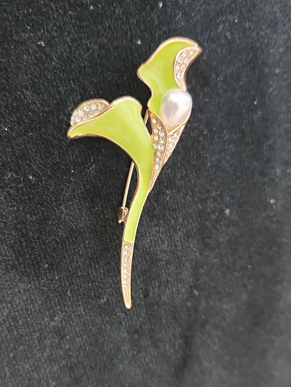 Green Enamel Cali Lily Crystal and Pearl Accent Brooch